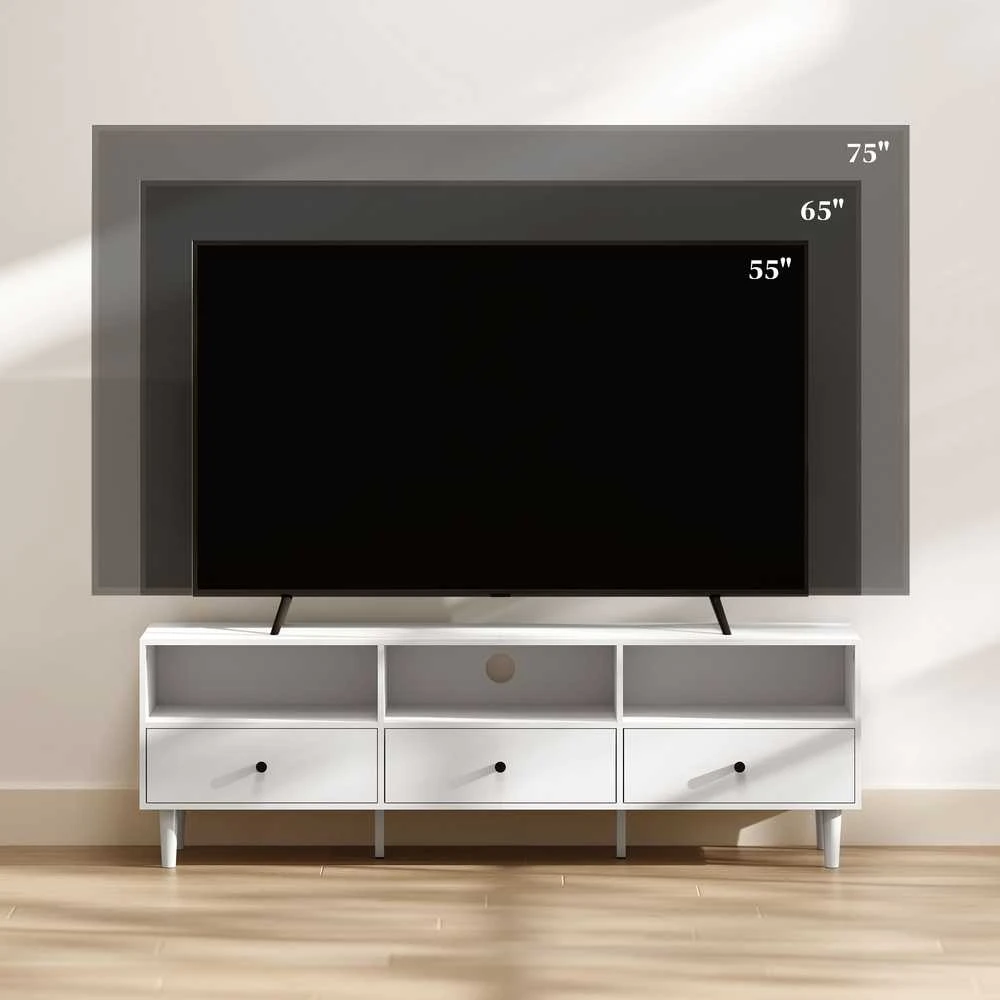 HOMCOM TV spintelė, TV staliukas su stalčiais, 3 atviros lentynos, 140 cm ilgio, TV žemo profilio spintelė su kabelių valdymu televizoriams iki 75 colių, svetainės televizoriaus staliukas, balta, 140x34x45 cm