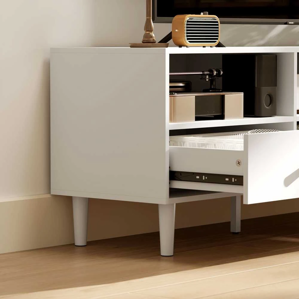 HOMCOM TV spintelė, TV staliukas su stalčiais, 3 atviros lentynos, 140 cm ilgio, TV žemo profilio spintelė su kabelių valdymu televizoriams iki 75 colių, svetainės televizoriaus staliukas, balta, 140x34x45 cm