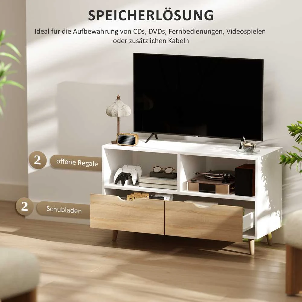 "HOMCOM" televizoriaus spintelė su 2 lentynomis ir stalčiumi, 99 cm ilgio TV staliukas televizoriui, televizoriaus lenta svetainėje, balta