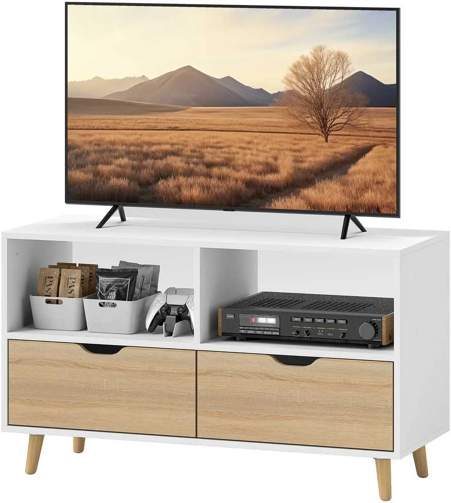 "HOMCOM" televizoriaus spintelė su 2 lentynomis ir stalčiumi, 99 cm ilgio TV staliukas televizoriui, televizoriaus lenta svetainėje, balta
