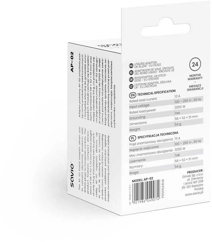 Universalus kelioninis adapteris, UK lizdas į EU kištuką, SAVIO AP-02, baltas, įžemintas, 3250W, kompaktiškas dydis