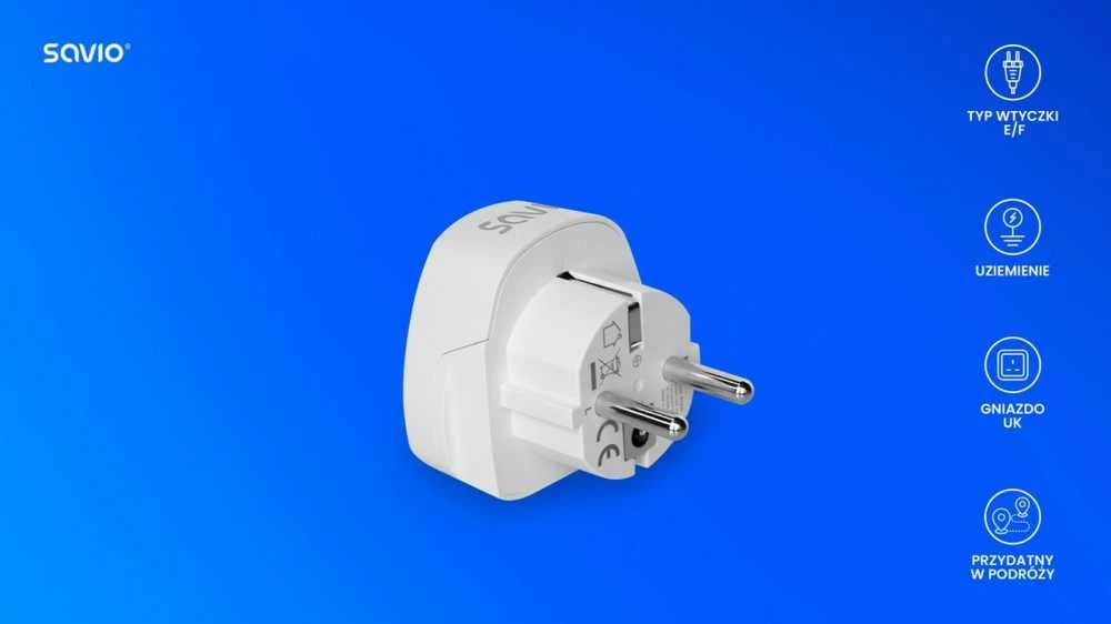 Universalus kelioninis adapteris, UK lizdas į EU kištuką, SAVIO AP-02, baltas, įžemintas, 3250W, kompaktiškas dydis