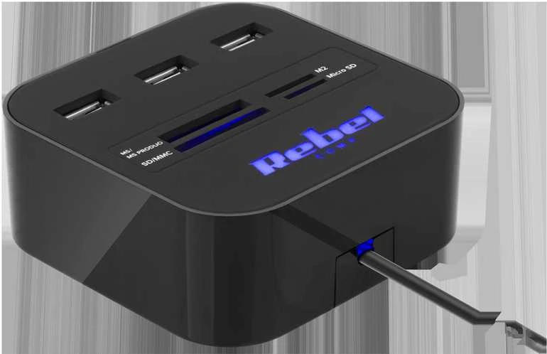 Rebel HUB USB 2.0 3 šakotuvas su atminties kortelių skaitytuvu