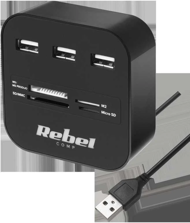 Rebel HUB USB 2.0 3 šakotuvas su atminties kortelių skaitytuvu