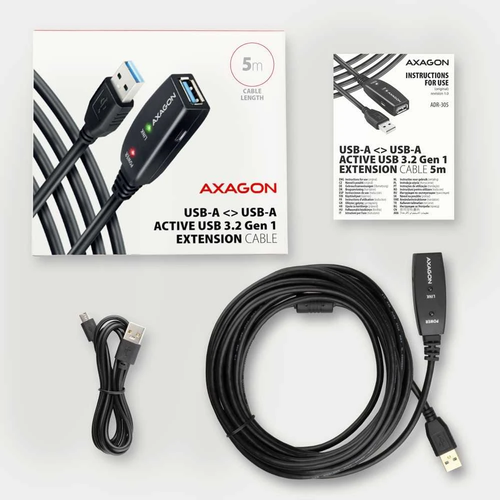 Axagon Active prailginimo USB 3.2 Gen 1 A-M > A-F laidas, 5 m ilgio. Maitinimo variantas.