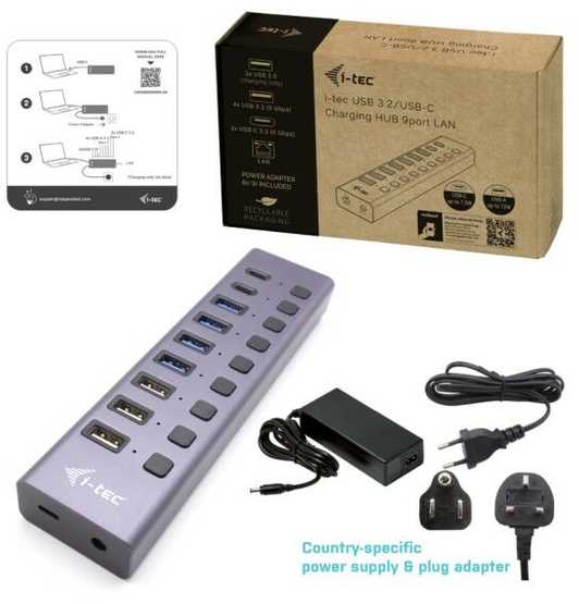I-tec USB 3.0 / USB-C įkrovimo HUB 9 prievadų LAN + galia 60 W