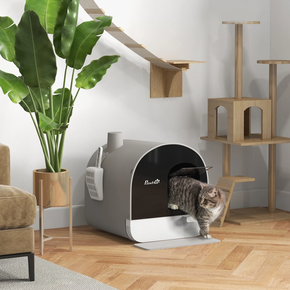 "PawHut" kačių tualeto dėžutės tualeto dangtis iki 5kg kačių tualeto dėžutės dangtis semtuvėlis ištraukiamas lovelis kačių kraiko kilimėlis plastikinis pilkas 43x44x47 cm