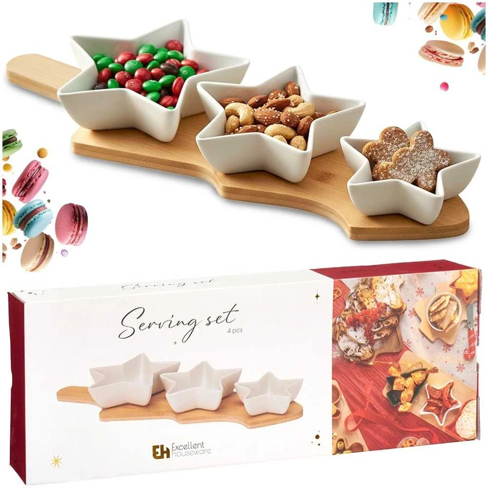 Secret De Gourmet Porceliano užkandžių serviravimo komplektas su padėklu - 4 dalių - Dipsai ir užkandžiai