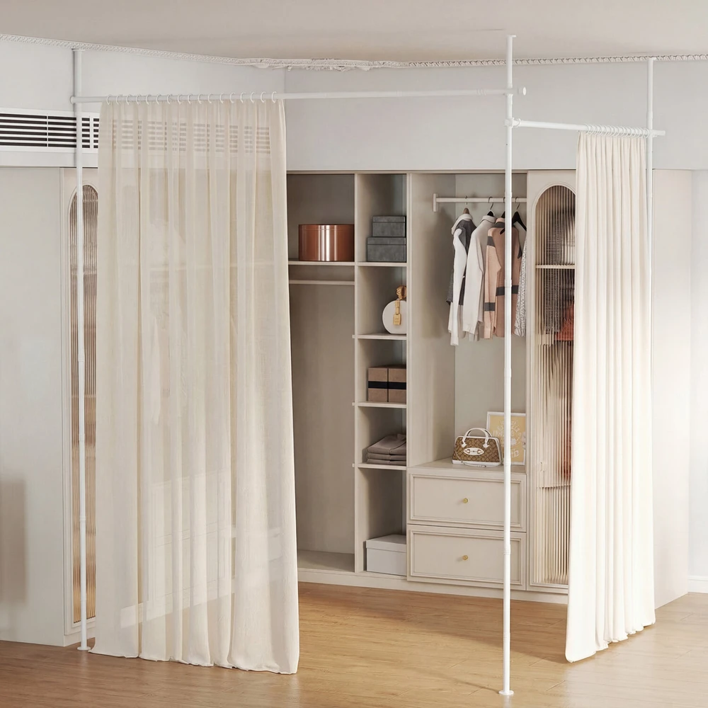 Užuolaidų karnizas pertvarai, grindų–lubų įtempimo, reguliuojamas, juodos/baltos spalvos, 71,1–360,7 × 121,9–304,8 cm