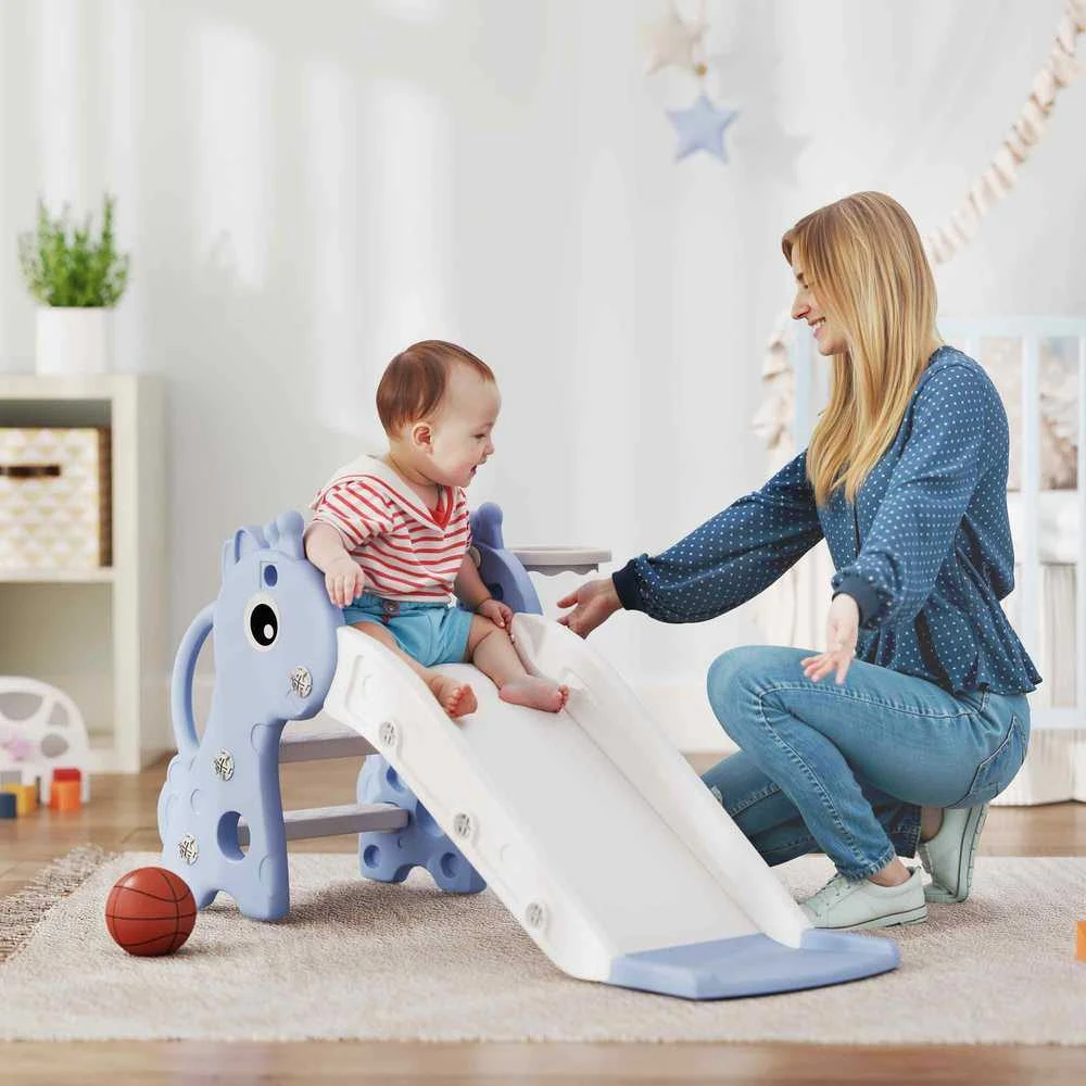 AIYAPLAY vaikiška čiuožykla, 3 viename, čiuožykla mažyliams su krepšinio lanku, čiuožykla su krepšiniu vaikams nuo 1 iki 3 metų, naudojimui patalpose, mėlyna, 106 x 51,5 x 52 cm