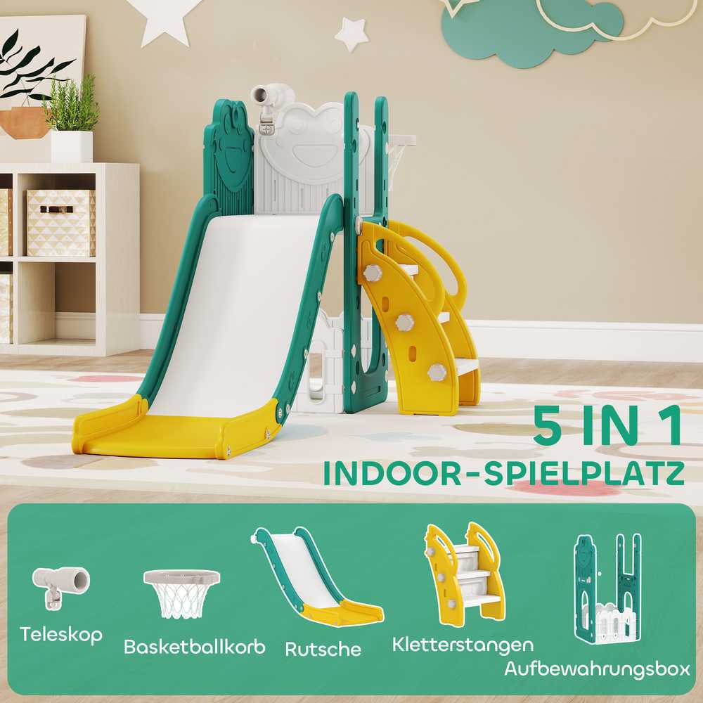 AIYAPLAY 5-in-1 vaikiškų čiuožyklų rinkinys, teleskopas, krepšinio lankas, plastikas, geltona+žalia