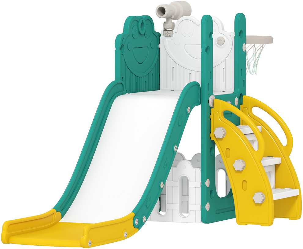 AIYAPLAY 5-in-1 vaikiškų čiuožyklų rinkinys, teleskopas, krepšinio lankas, plastikas, geltona+žalia