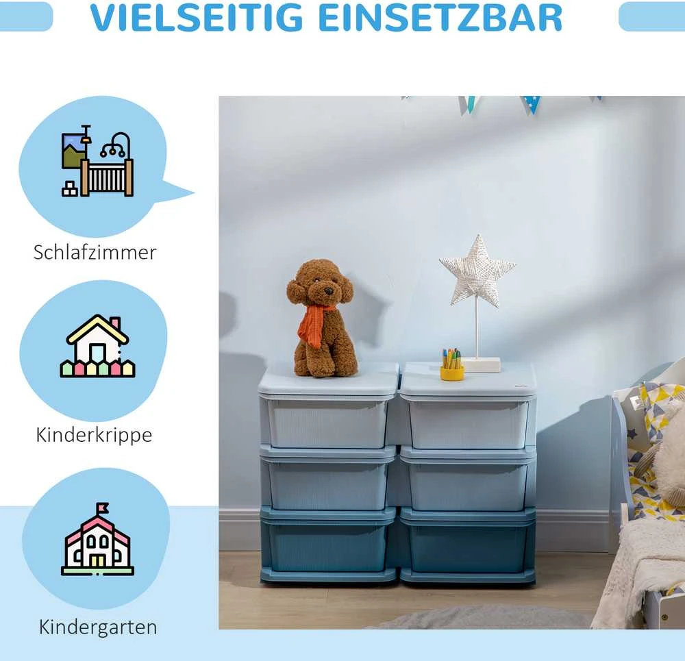 HOMCOM vaikiška daiktadėžė su dangčiu, stalčių spintelė žaislams, žaislų organizatorius, vaikiški baldai 3-6 metų vaikams, mėlyna