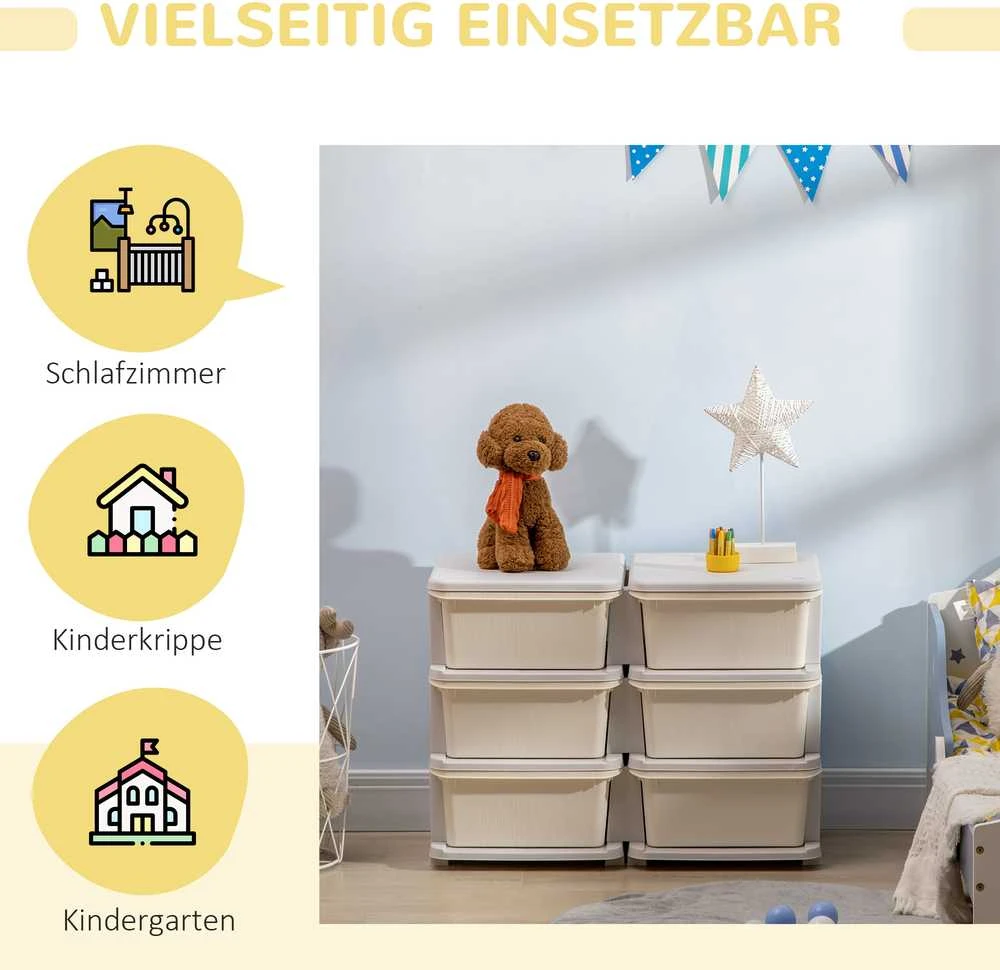 HOMCOM vaikiška komoda su 6 stalčiais, žaislų dėžė, žaislų organizatorius, vaikiški baldai 3–6 metų vaikams, kreminė