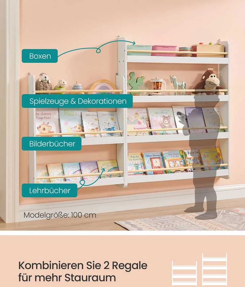 Songmics Vaikiška knygų lentyna 3 lygių balta-natūrali