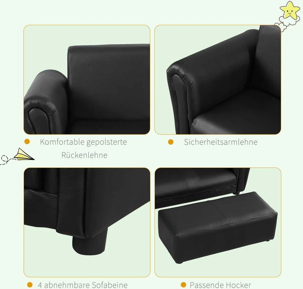 HOMCOM vaikiškas fotelis su kojų atrama, vaikiška sofa ir taburetė, juodos spalvos, patogus sofos ir fotelio komplektas, 83x42x41 cm