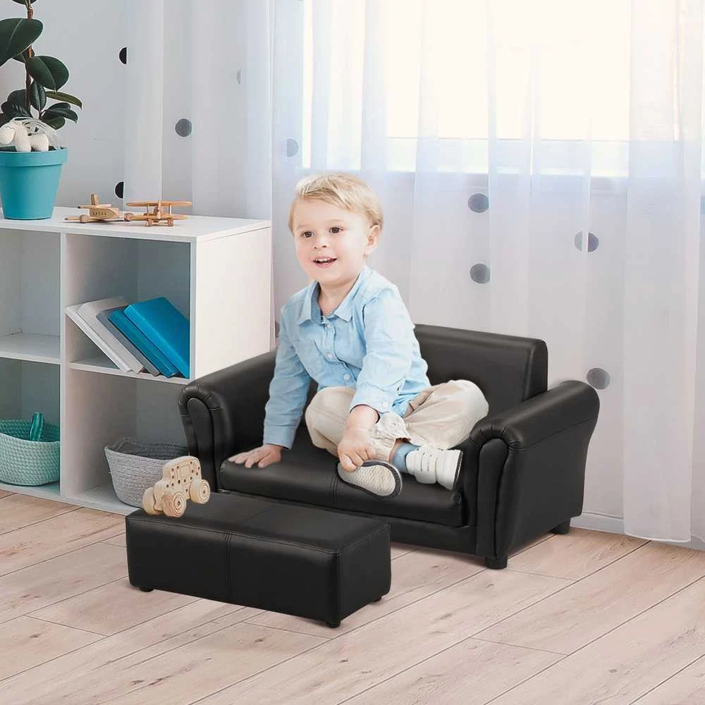 HOMCOM vaikiškas fotelis su kojų atrama, vaikiška sofa ir taburetė, juodos spalvos, patogus sofos ir fotelio komplektas, 83x42x41 cm