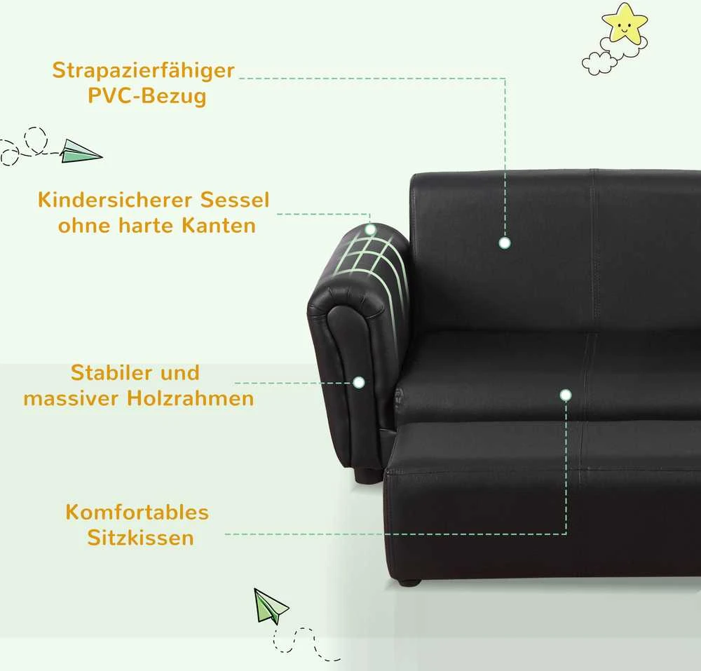 HOMCOM vaikiškas fotelis su kojų atrama, vaikiška sofa ir taburetė, juodos spalvos, patogus sofos ir fotelio komplektas, 83x42x41 cm