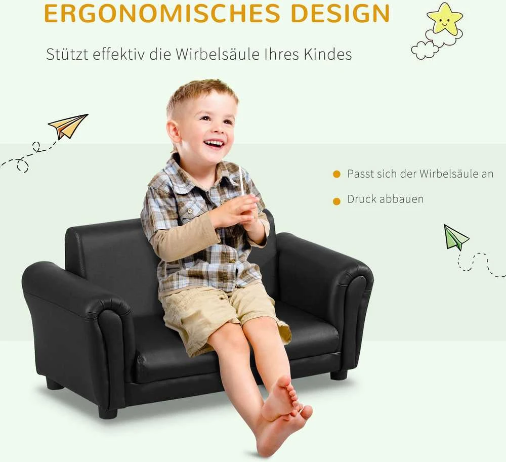 HOMCOM vaikiškas fotelis su kojų atrama, vaikiška sofa ir taburetė, juodos spalvos, patogus sofos ir fotelio komplektas, 83x42x41 cm