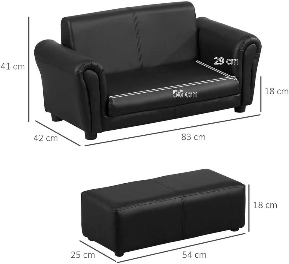 HOMCOM vaikiškas fotelis su kojų atrama, vaikiška sofa ir taburetė, juodos spalvos, patogus sofos ir fotelio komplektas, 83x42x41 cm