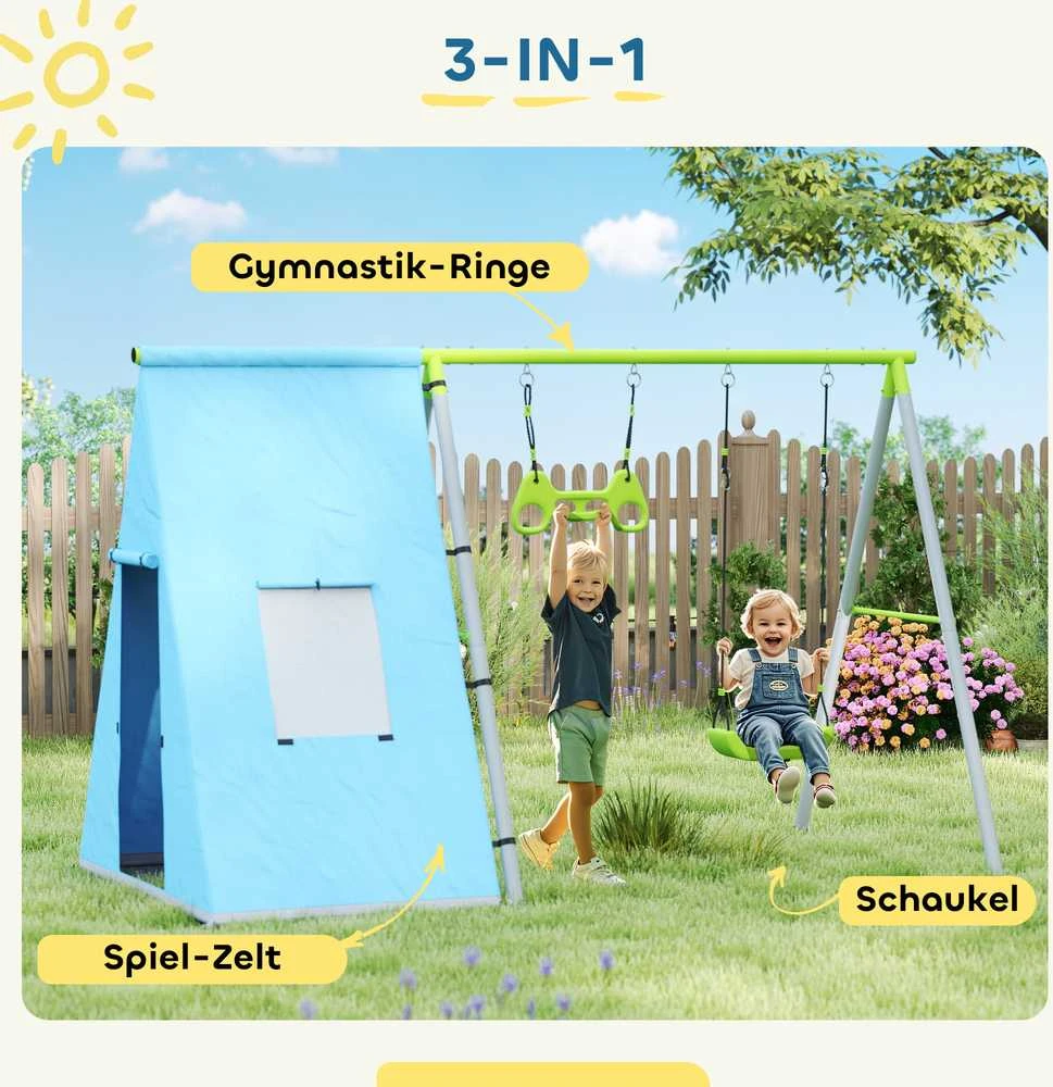 AIYAPLAY 3-in-1 sūpynių rėmas lauko sūpynės su žaidimų palapine, sūpynėmis ir gimnastikos žiedais, vaikiškos sūpynės su metaliniu rėmu, sodo sūpynės vaikams, žalia