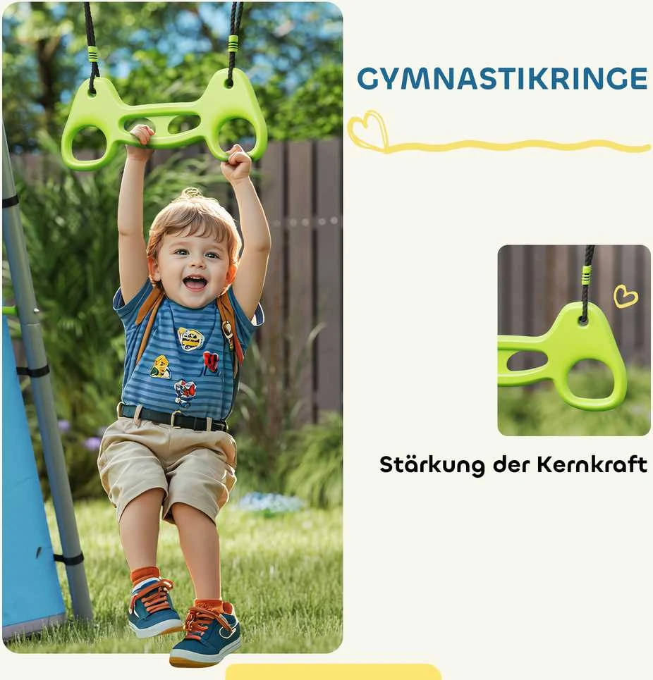 AIYAPLAY 3-in-1 sūpynių rėmas lauko sūpynės su žaidimų palapine, sūpynėmis ir gimnastikos žiedais, vaikiškos sūpynės su metaliniu rėmu, sodo sūpynės vaikams, žalia