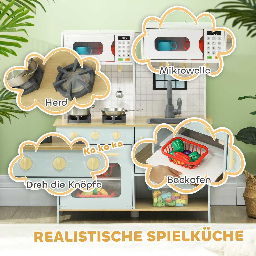 AIYAPLAY vaikiška žaislinė virtuvėlė su mikrobangų krosnele, virykle, orkaite ir virtuvės reikmenimis, lėlių virtuvė su vieta daiktams laikyti vaikams nuo 3 metų, mėlyna
