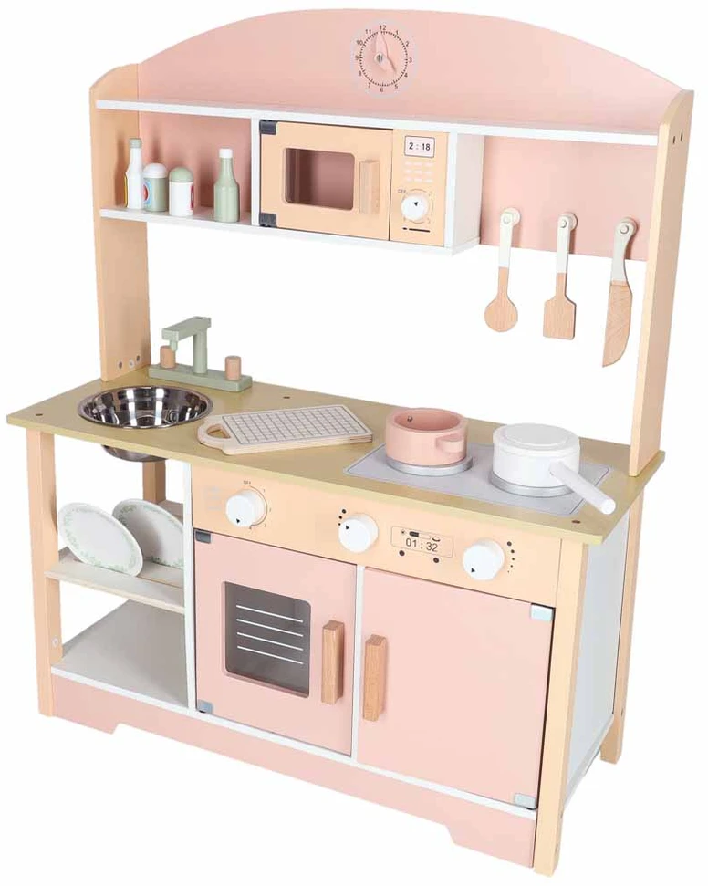 Vaikiška virtuvėlė iš MDF su priedais, rožinė, 81 cm