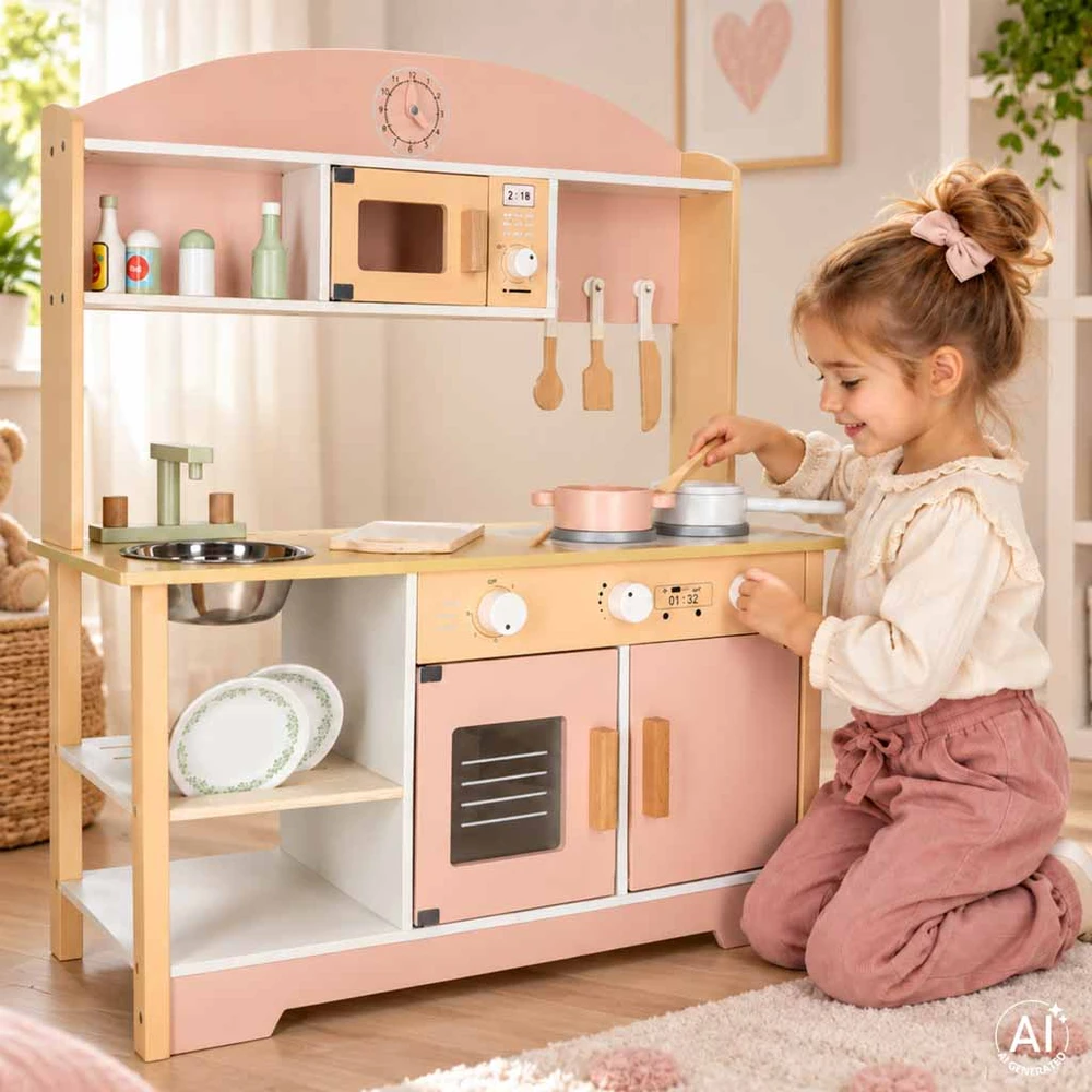 Vaikiška virtuvėlė iš MDF su priedais, rožinė, 81 cm