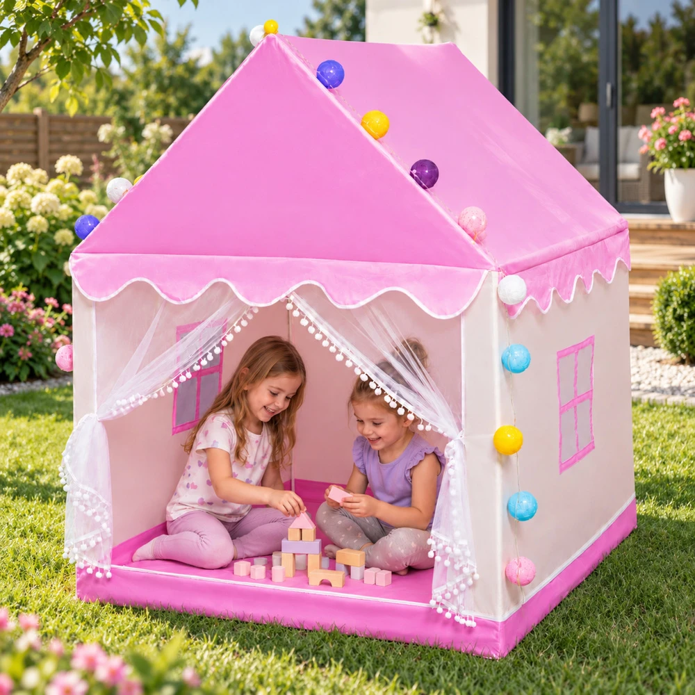 Lean Toys Vaikiška žaidimų palapinė su dekoratyvinėmis LED lemputėmis, rožinė, 120 × 100 × 130 cm