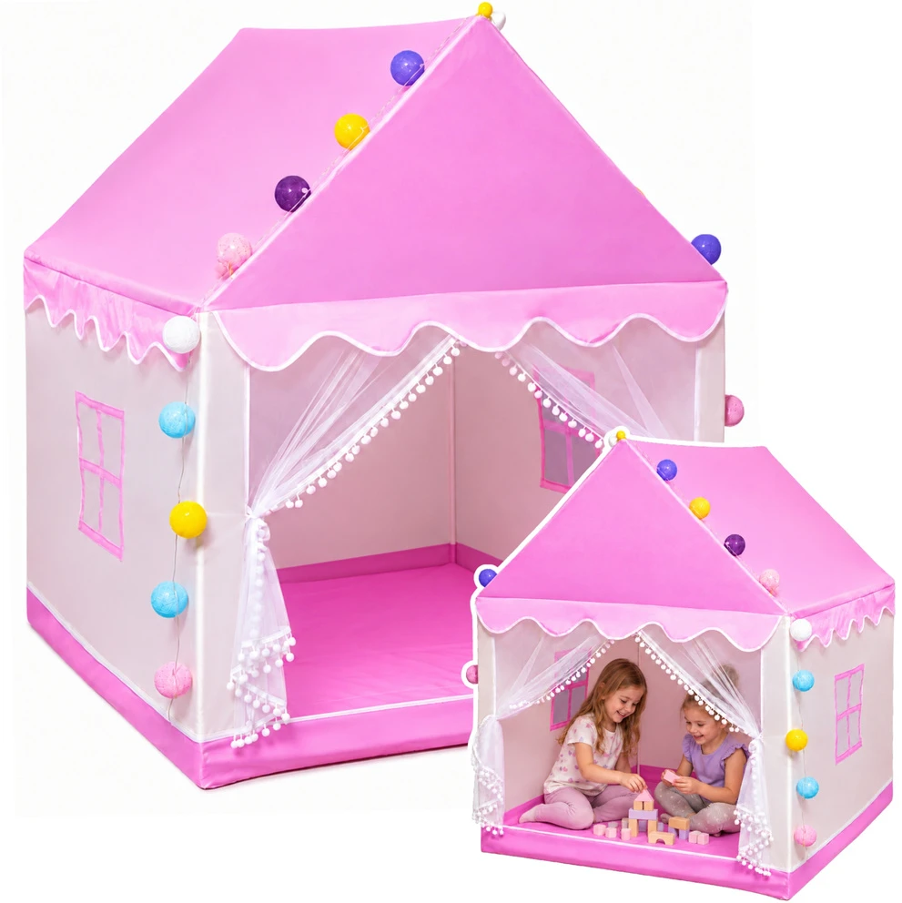 Lean Toys Vaikiška žaidimų palapinė su dekoratyvinėmis LED lemputėmis, rožinė, 120 × 100 × 130 cm