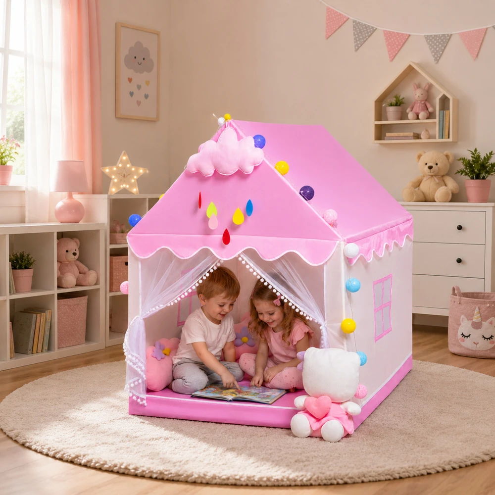 Lean Toys Vaikiška žaidimų palapinė su dekoratyvinėmis LED lemputėmis, rožinė, 120 × 100 × 130 cm