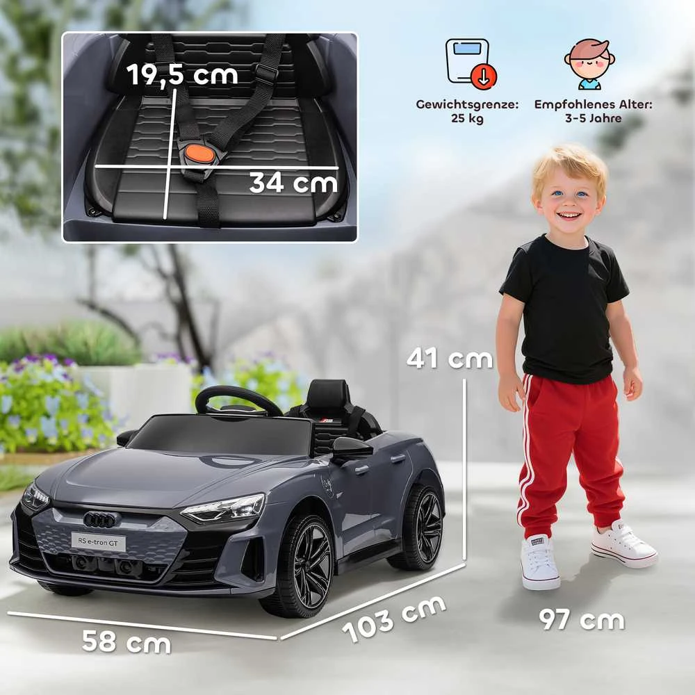 HOMCOM vaikiškas elektromobilis 12V su 2,4 GHz nuotolinio valdymo pulteliu, 2 varikliais, 4 amortizuotais ratais, garsiniu signalu, priekiniais žibintais, muzika, švelnaus starto funkcija, pagalbiniais ratukais, 3-5 metams, pilkas