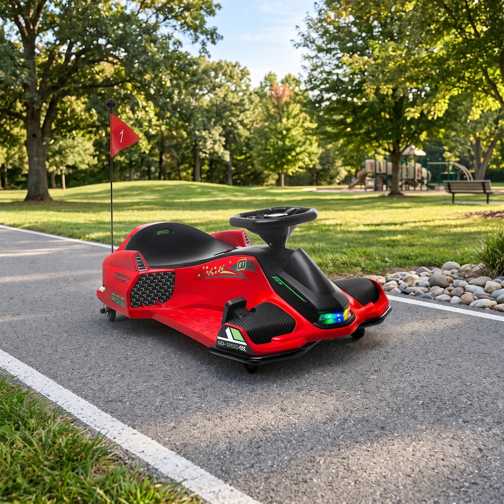 HOMCOM vaikiškas elektrinis kartingas 12 V, 3-8 km/val. Drifto kartingas su drifto režimu, lėto paleidimo funkcija, kartingas su šviesomis, muzika, saugos diržu, vaikiška transporto priemonė 8-12 metų vaikams, raudonas