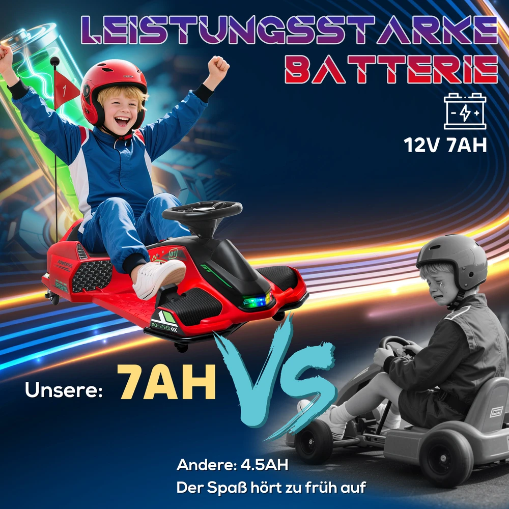 HOMCOM vaikiškas elektrinis kartingas 12 V, 3-8 km/val. Drifto kartingas su drifto režimu, lėto paleidimo funkcija, kartingas su šviesomis, muzika, saugos diržu, vaikiška transporto priemonė 8-12 metų vaikams, raudonas