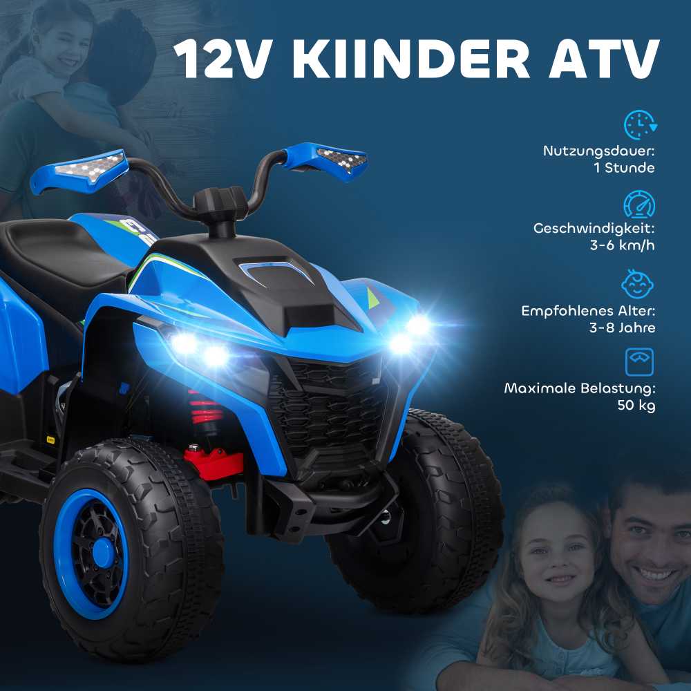 AIYAPLAY 12V elektrinis vaikiškas keturratis su 2 varikliais, 3-6 km/val., pakaba, LED šviesomis, USB ir muzika, 3-8 metų vaikams, mėlynas