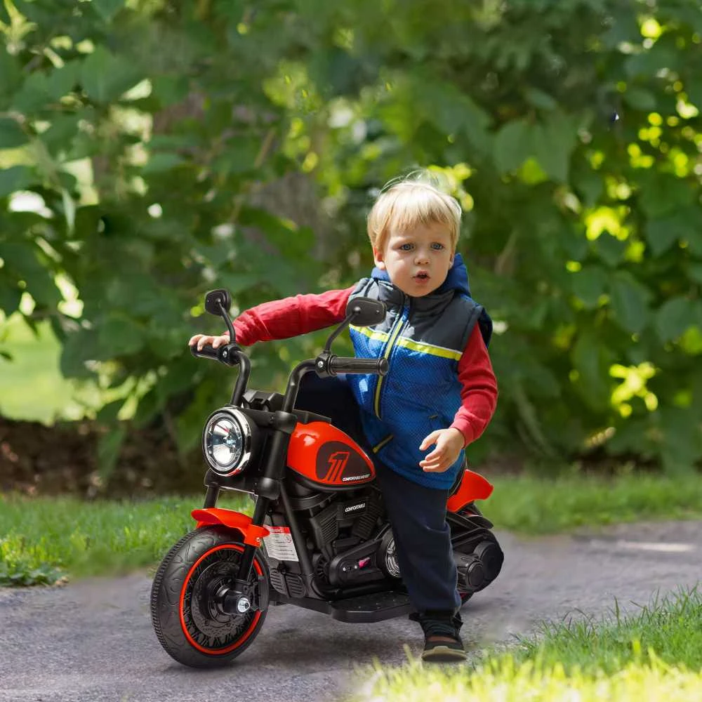 HOMCOM vaikiškas elektrinis motociklas su 2 nuimamais pagalbiniais ratukais, 3 km/val., 1,5-3 metų vaikams, raudonas