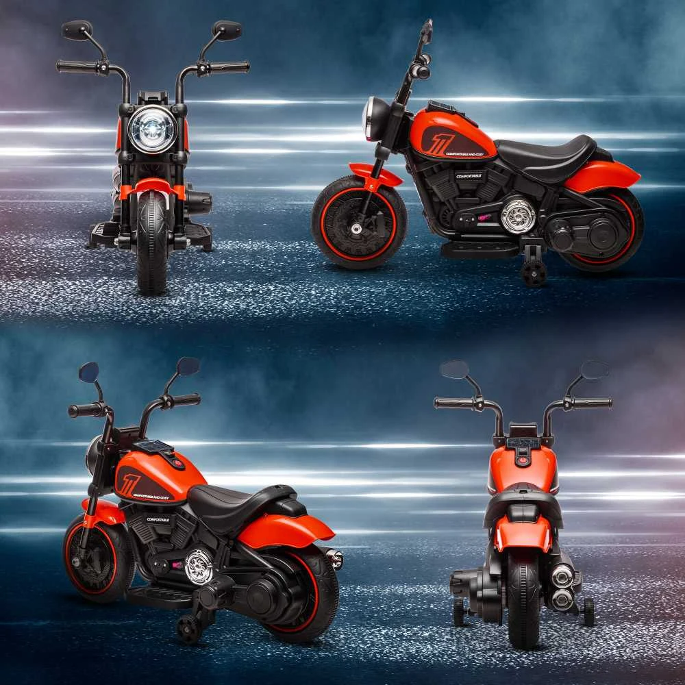 HOMCOM vaikiškas elektrinis motociklas su 2 nuimamais pagalbiniais ratukais, 3 km/val., 1,5-3 metų vaikams, raudonas