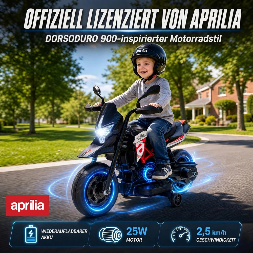 Vaikiškas elektrinis motociklas APRILIA DORSODURO 900, raudonas ir juodas, 81 × 43 × 57 cm