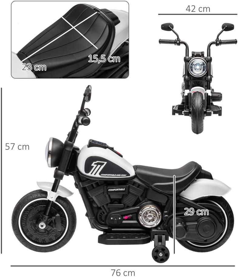 HOMCOM Vaikiškas motociklas Vaikiškas elektrinis motociklas Elektrinė transporto priemonė Vaikiška transporto priemonė su 2 nuimamais mokomaisiais ratais, 3 km/val., skirta 1,5-3 metų vaikams Balta 76 x 42 x 57 cm