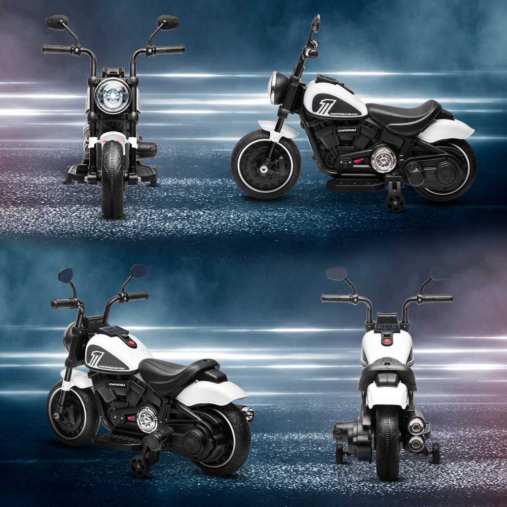 HOMCOM Vaikiškas motociklas Vaikiškas elektrinis motociklas Elektrinė transporto priemonė Vaikiška transporto priemonė su 2 nuimamais mokomaisiais ratais, 3 km/val., skirta 1,5-3 metų vaikams Balta 76 x 42 x 57 cm