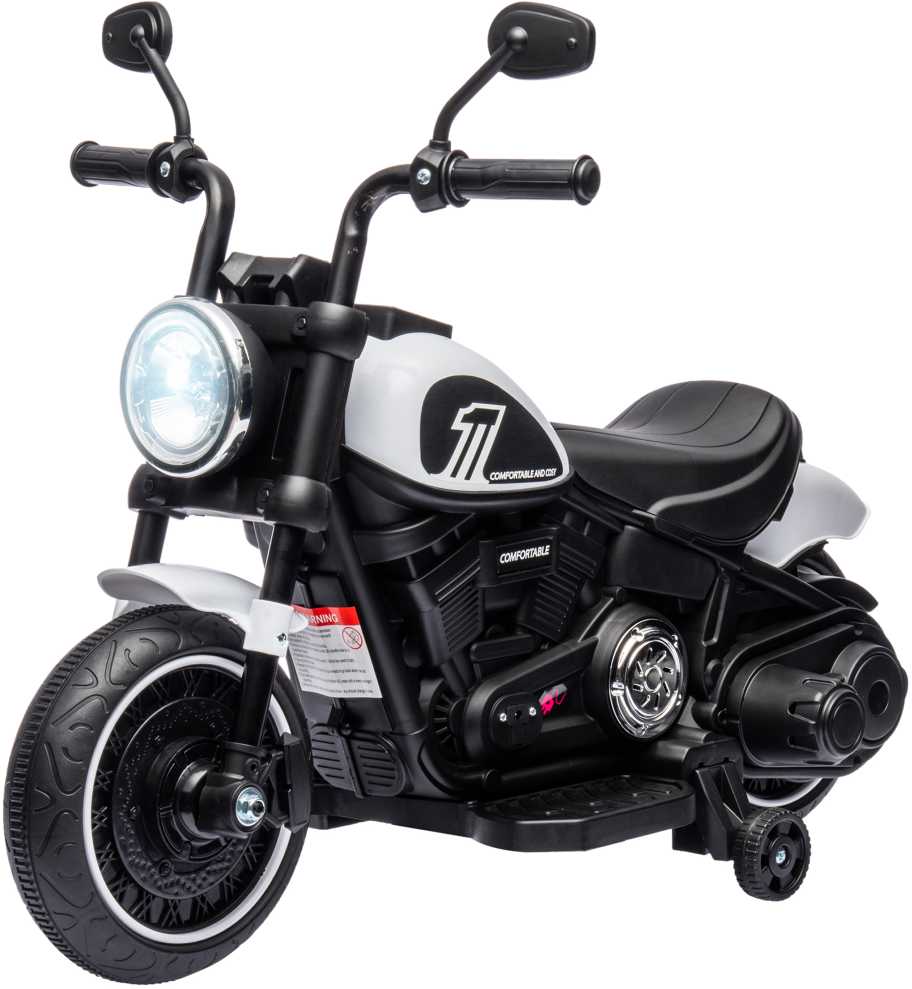 HOMCOM Vaikiškas motociklas Vaikiškas elektrinis motociklas Elektrinė transporto priemonė Vaikiška transporto priemonė su 2 nuimamais mokomaisiais ratais, 3 km/val., skirta 1,5-3 metų vaikams Balta 76 x 42 x 57 cm