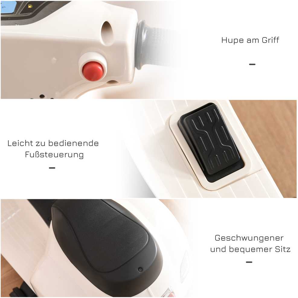 HOMCOM VESPA elektrinis motociklas vaikams, 18-36 mėn., 3 km/h, LED šviesa & garsas, PP plastikas & metalas, baltas, 66,5x38x52cm