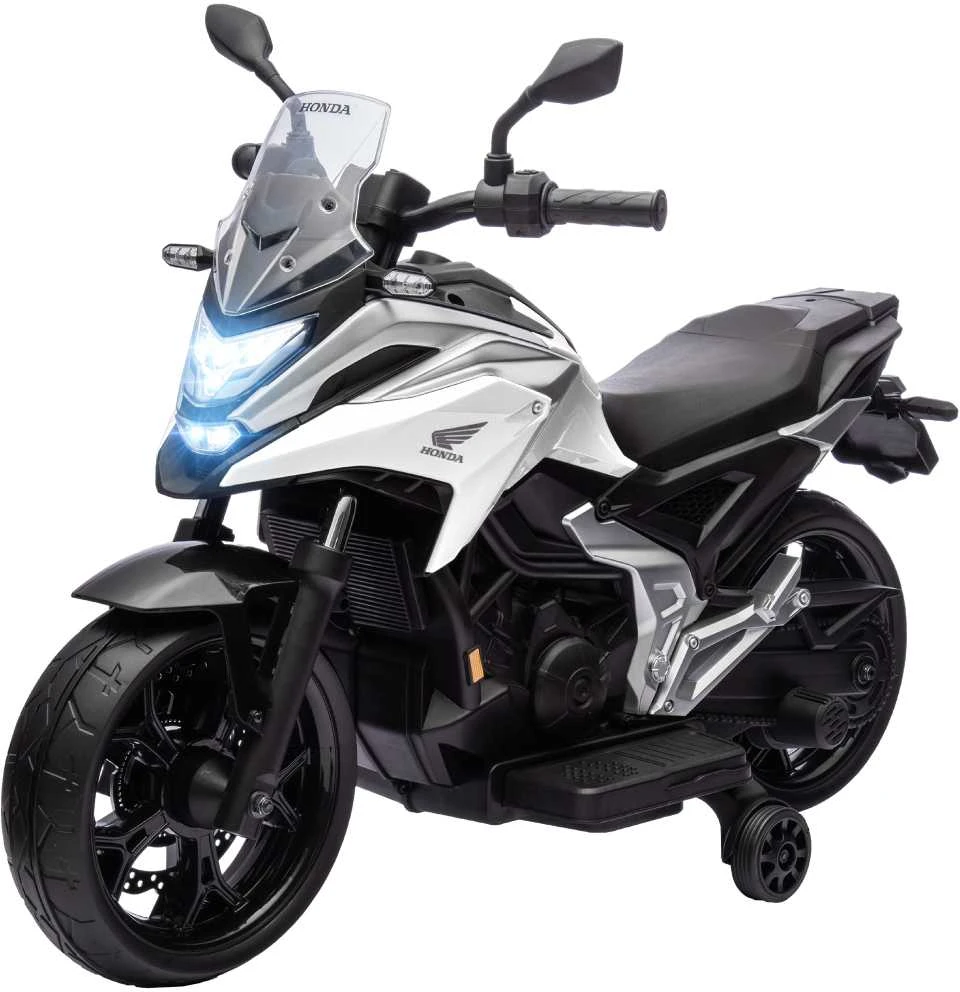 AIYAPLAY elektrinis motociklas vaikams, 12V vaikiškas motociklas su MP3, USB, LED žibintais, transporto priemonė vaikams su lavinamosiomis funkcijomis, pagalbiniais ratukais, 3km/h, 3-6 metų vaikams, baltas