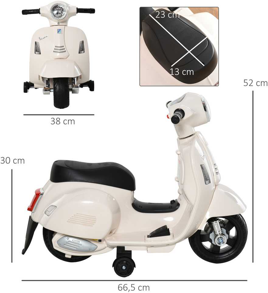 HOMCOM VESPA elektrinis motociklas vaikams, 18-36 mėn., 3 km/h, LED šviesa & garsas, PP plastikas & metalas, baltas, 66,5x38x52cm