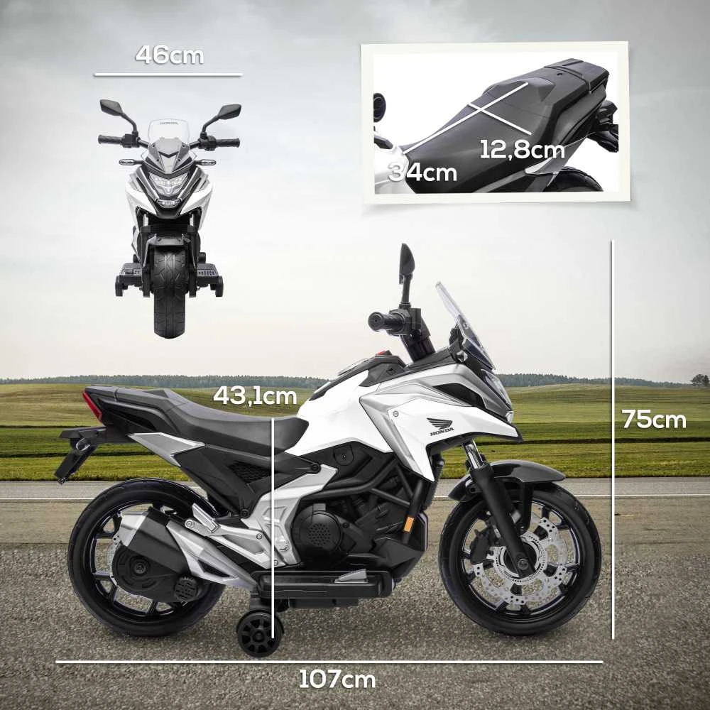 AIYAPLAY elektrinis motociklas vaikams, 12V vaikiškas motociklas su MP3, USB, LED žibintais, transporto priemonė vaikams su lavinamosiomis funkcijomis, pagalbiniais ratukais, 3km/h, 3-6 metų vaikams, baltas