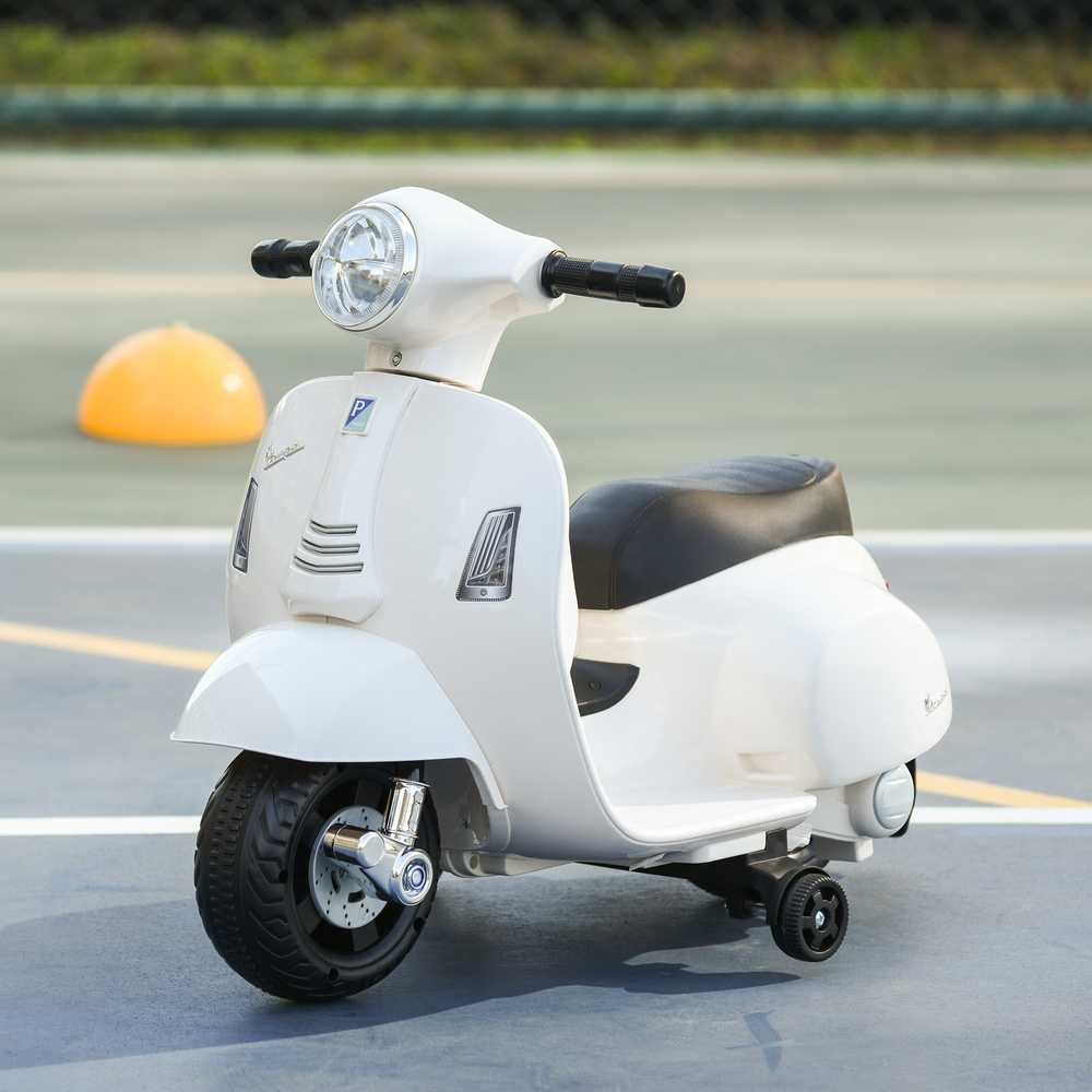HOMCOM VESPA elektrinis motociklas vaikams, 18-36 mėn., 3 km/h, LED šviesa & garsas, PP plastikas & metalas, baltas, 66,5x38x52cm