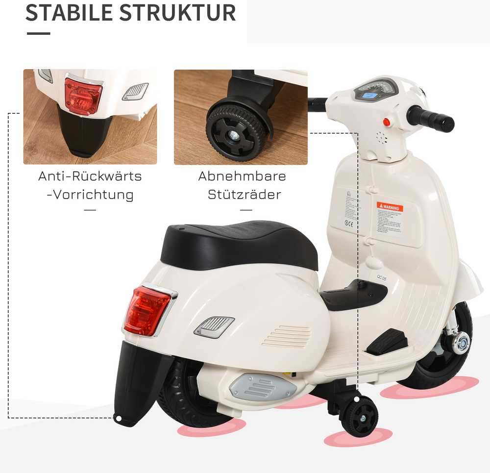 HOMCOM VESPA elektrinis motociklas vaikams, 18-36 mėn., 3 km/h, LED šviesa & garsas, PP plastikas & metalas, baltas, 66,5x38x52cm