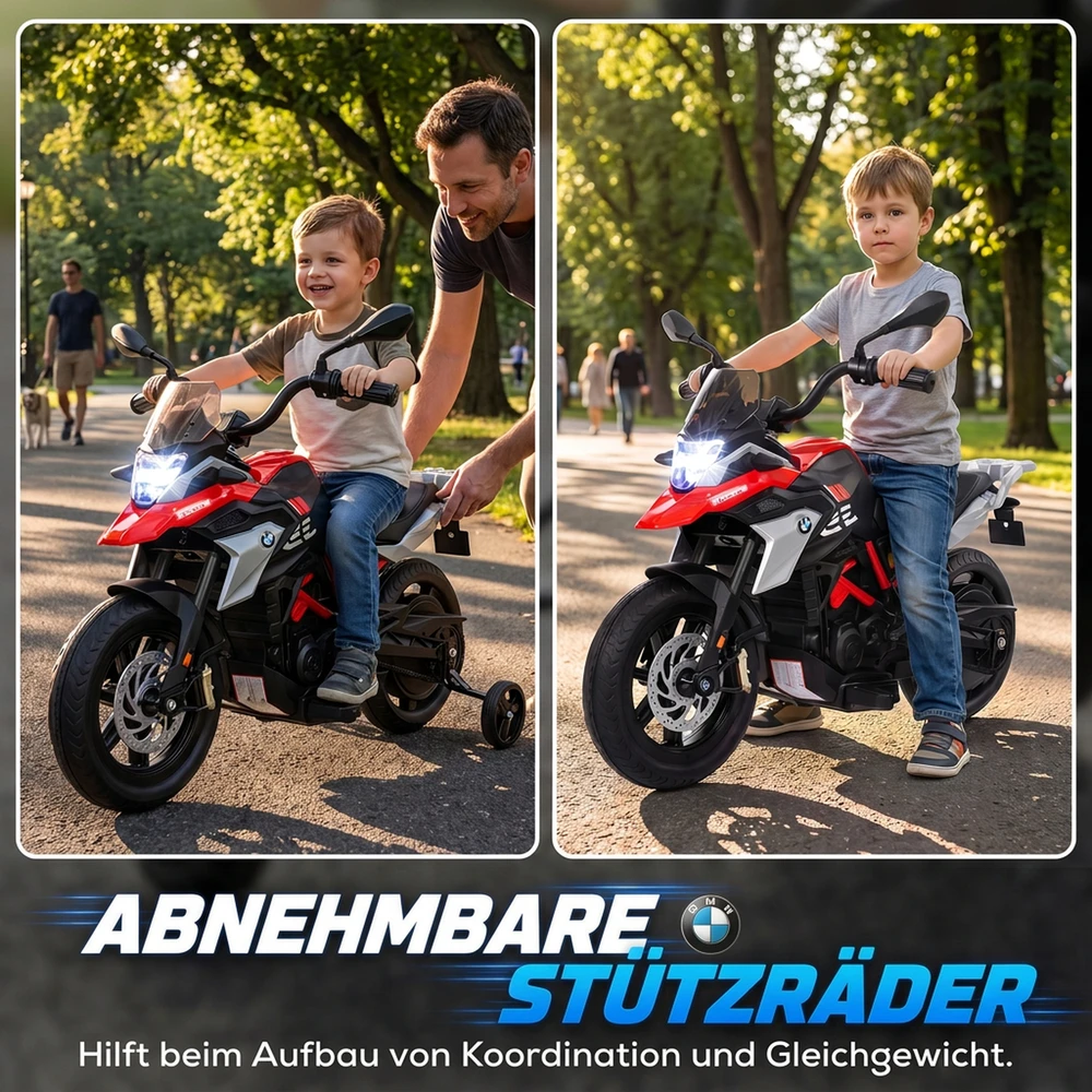Vaikiškas elektrinis motociklas BMW G310 GS su ličio jonų akumuliatoriumi, raudonos ir juodos spalvos, 102 × 62 × 73 cm