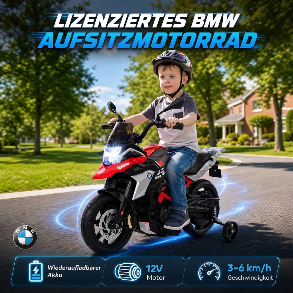 Vaikiškas elektrinis motociklas BMW G310 GS su ličio jonų akumuliatoriumi, raudonos ir juodos spalvos, 102 × 62 × 73 cm